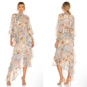 Elliatt Blush Floral High-Neck High-Low Ruffle Dress